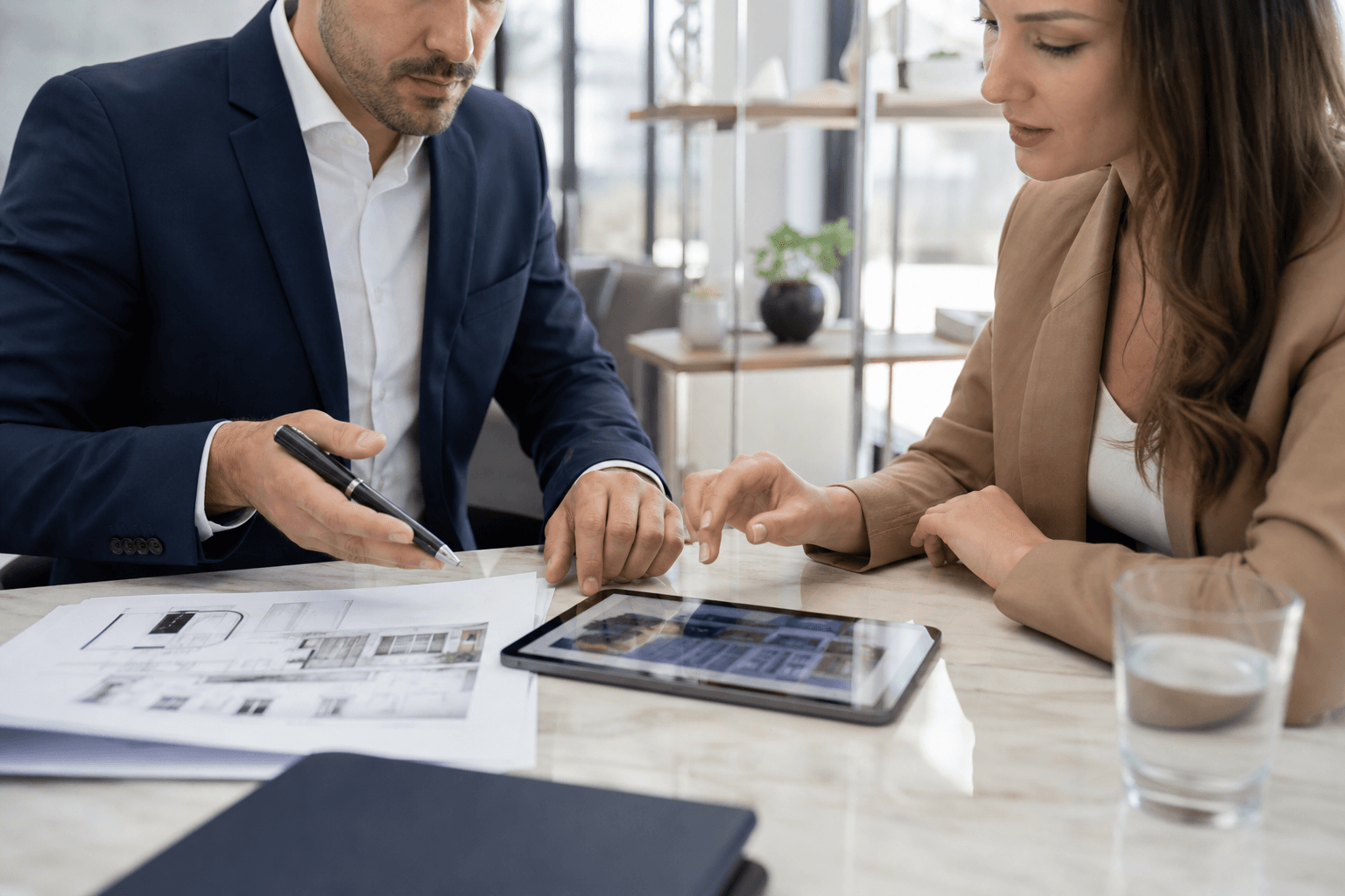 Profesionales inmobiliarios revisando documentación de una operación