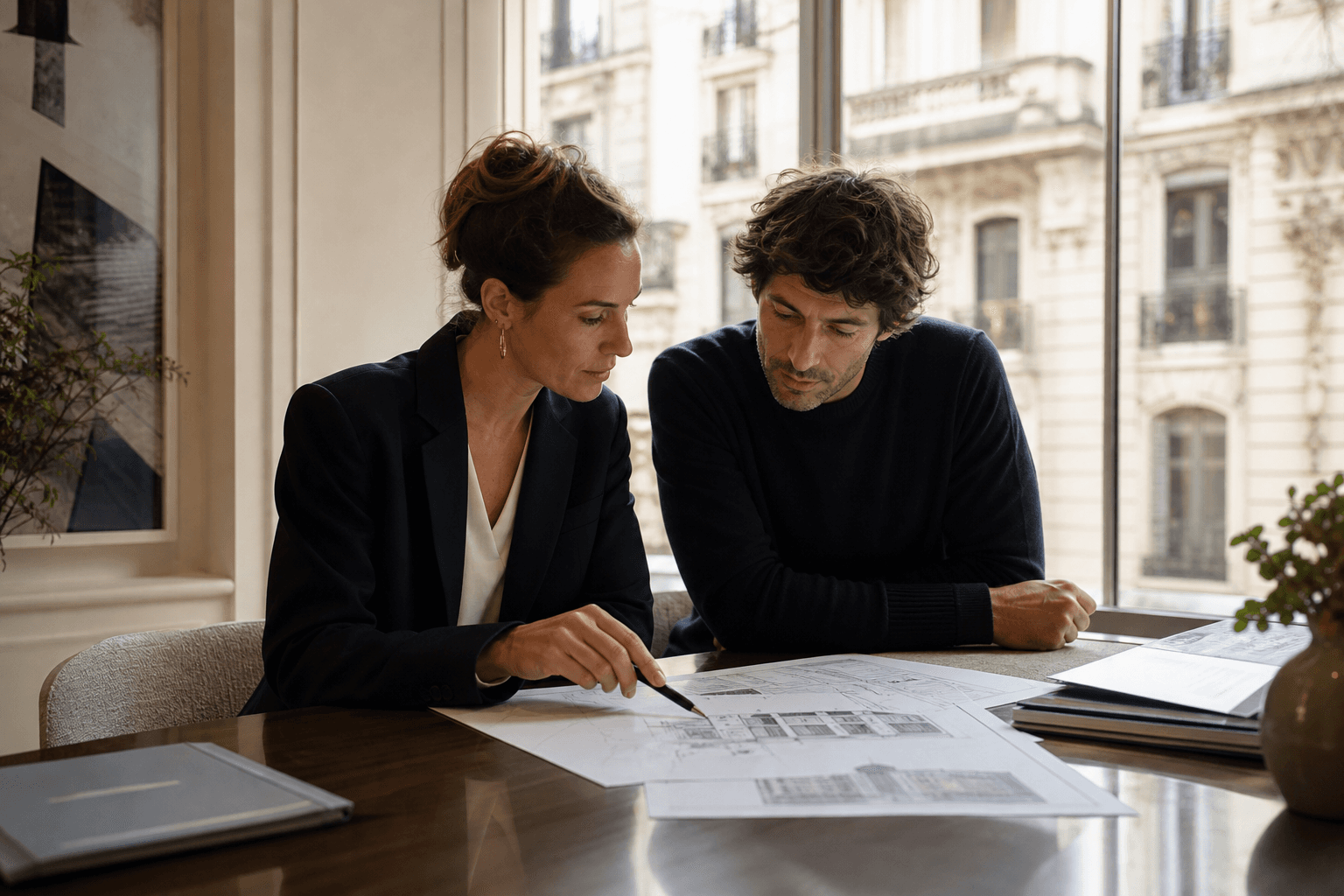 Inmobiliaria y comprador revisando planos y documentación de una operación