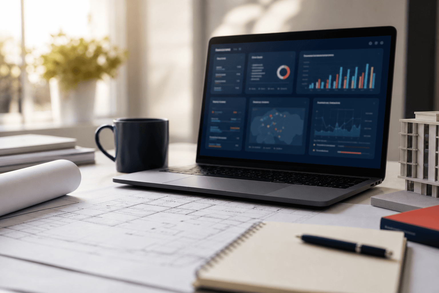 Escritorio con análisis de datos y documentación de inversión inmobiliaria