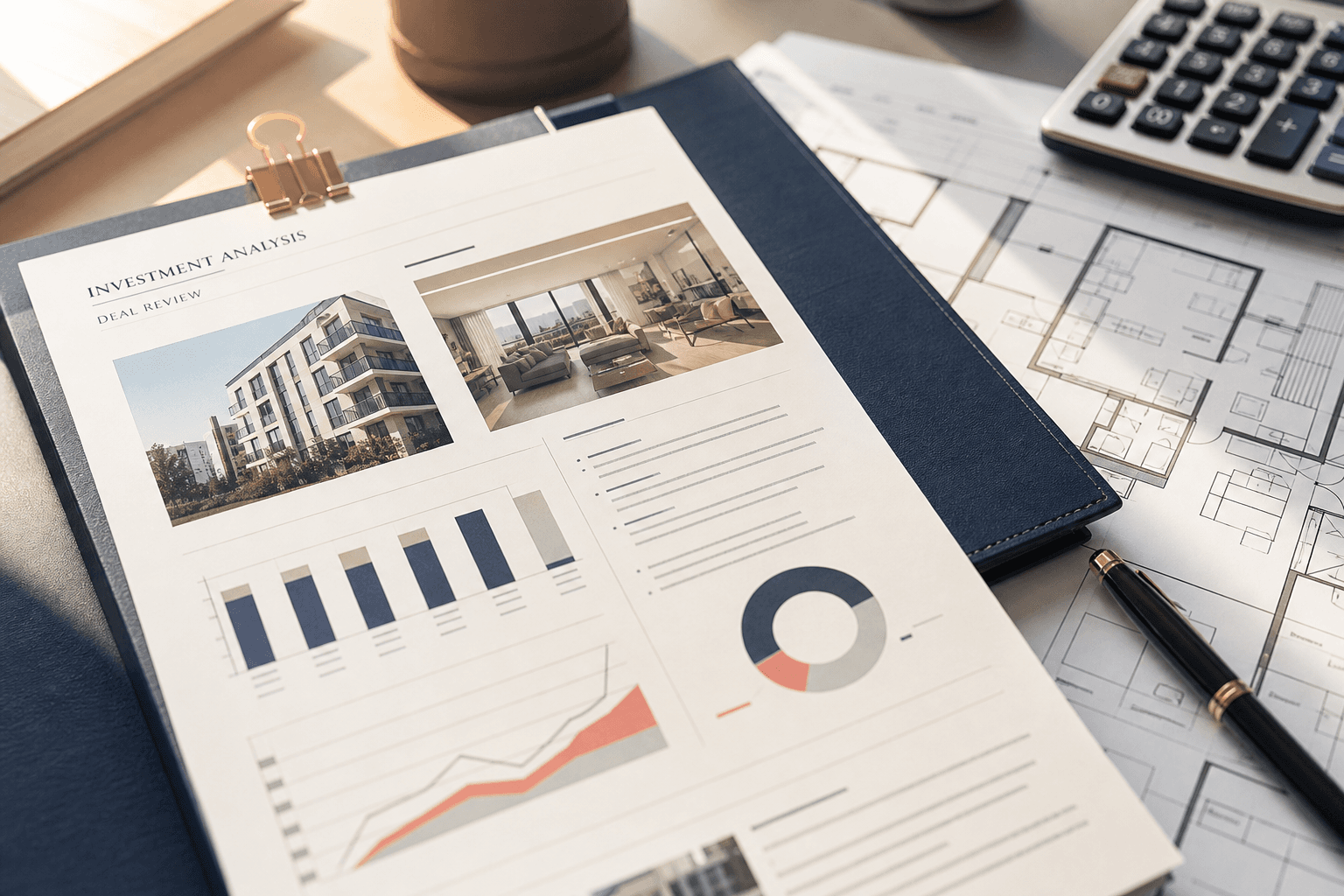 Ficha de inversión inmobiliaria con análisis de datos y planos